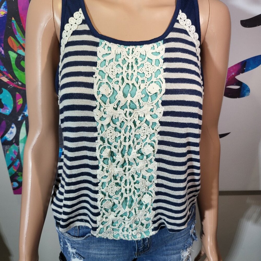 Jolt Boho Chic Crochet Blue/White Striped Tank Top Sleeveless Women's Sz Medium